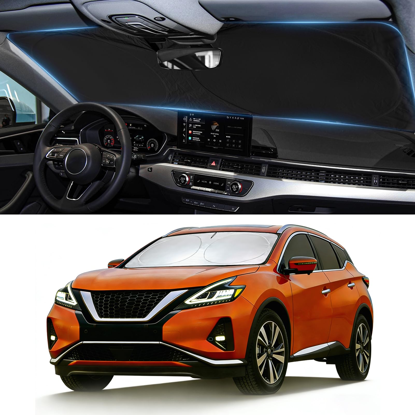 BOODANCARS Sun Shade for Murano Windshield Sunshade Custom fit 2015-2024 Nissan Murano Accessories Front Window Cover Retractable Sun Visor Protector Keep Interior Cool UV Blocker