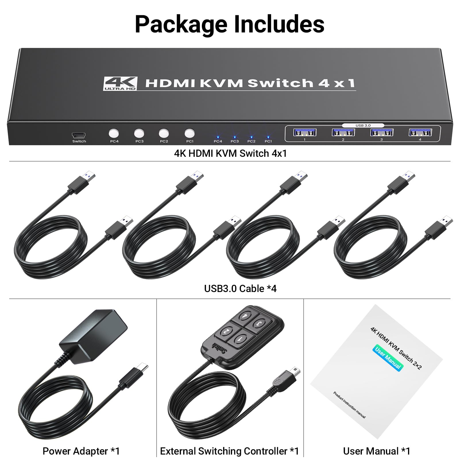 Przełącznik HDMI KVM 1 monitor 4 komputery, USB 3.0 4K / 60 Hz 4-portowy przełącznik HDMI KVM 4 PC do udostępniania 1 monitora, klawiatury, myszy i innych urządzeń USB