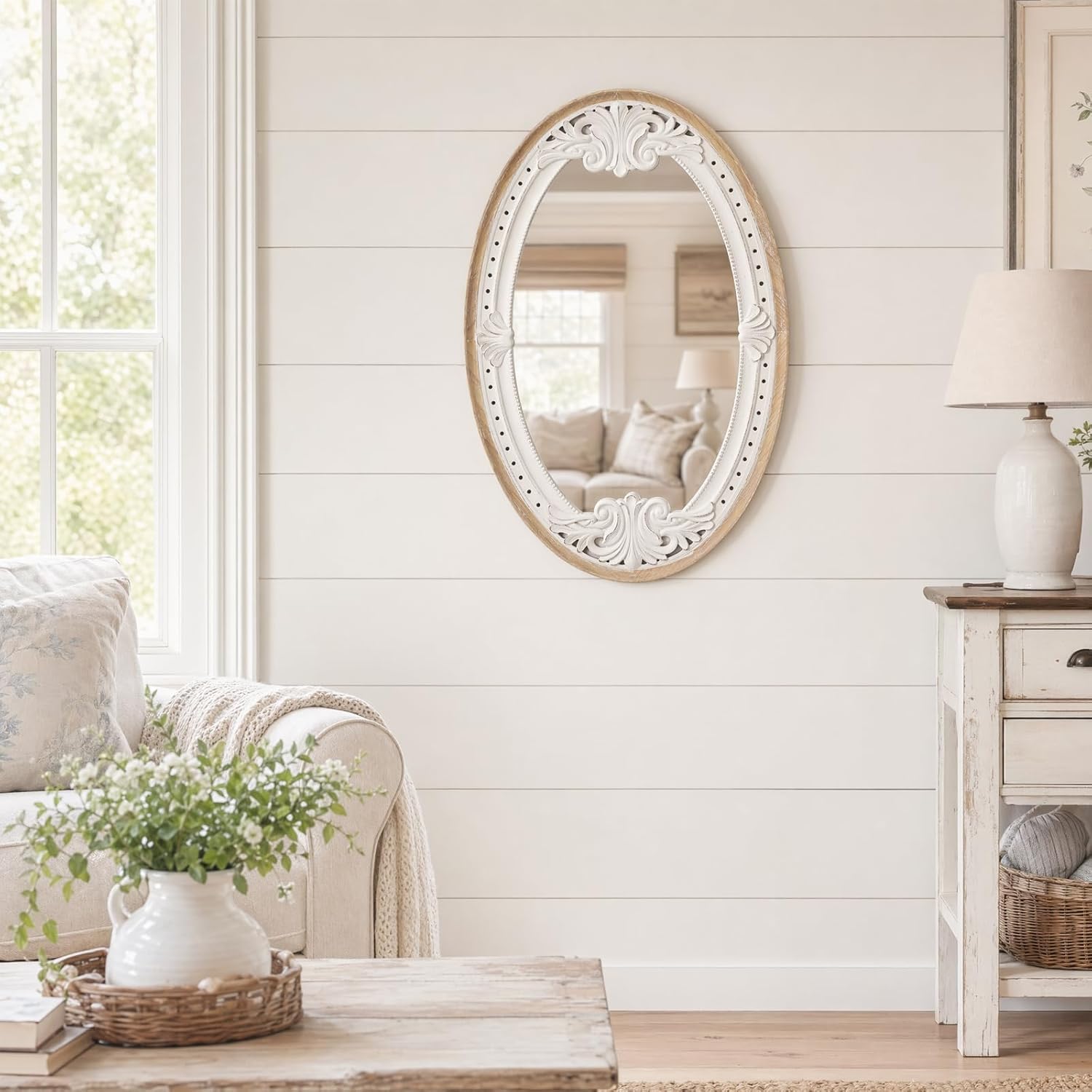 H HOMEWINS Oval Mirrors for Wall,20x30 Oval Wooden Rustic Farmhouse Carved Antique Boho Nature Vintage Decorative Mirror for Bedroom, Bathroom, Living Room,Vanity