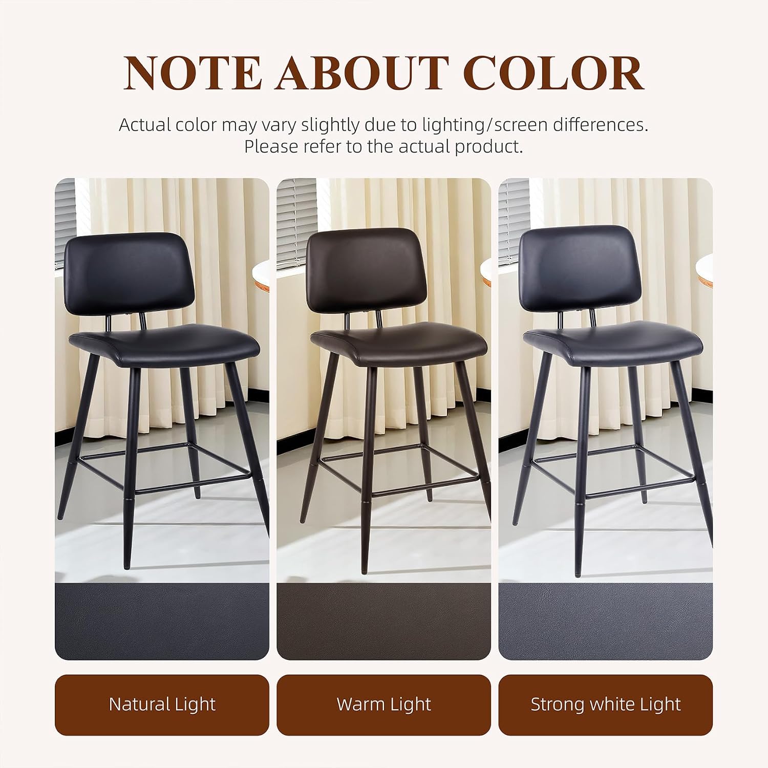 Bar Stools Set of 3, Modern Counter Height Barstools, Armless Island/Bar Chairs for Kitchen Counter, with Faux Leather, Ergonomic Backrest, Thickened Metal Legs and Footrest (26 Inch, Black)