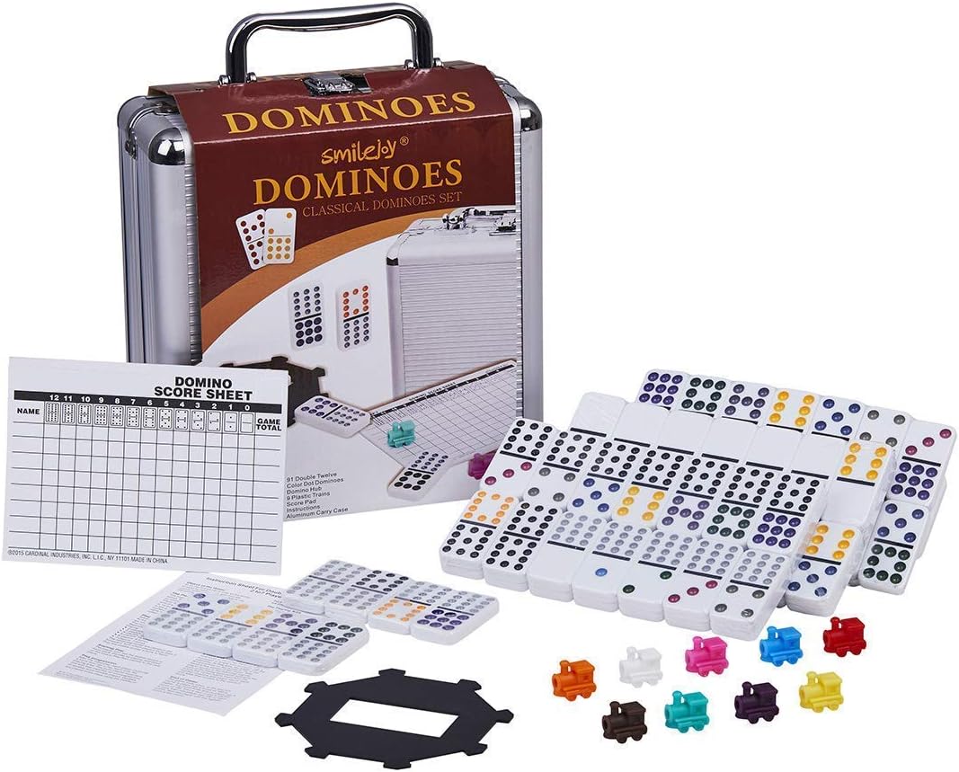 Smilejoy Mexican Train Dominoes,Dominoes Set Double 12 Colored Dot Dominoes with Aluminum Case Mexican Train Game Set, 91 Tiles Dot Dominoes (2-8 Player)