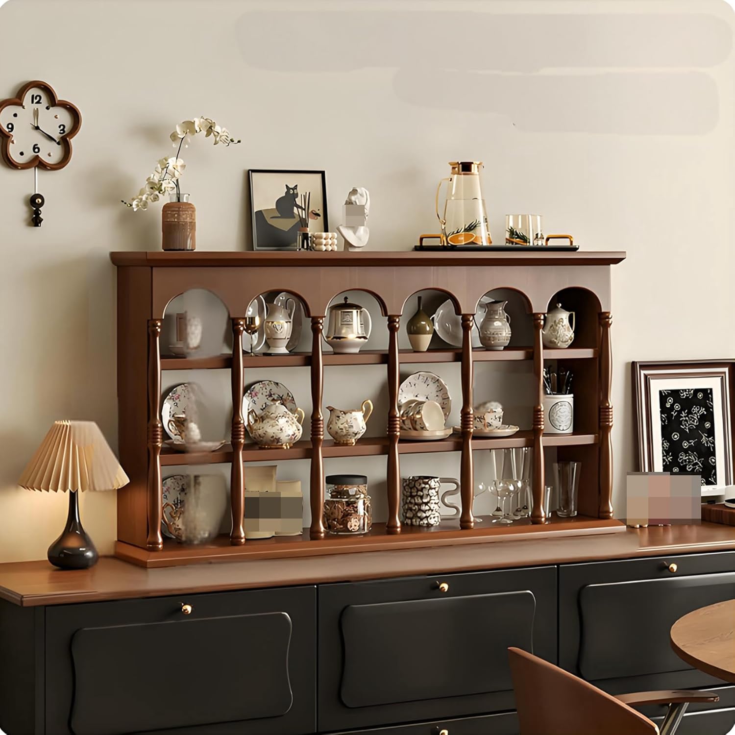 18 Grid Coffee Mug Display Rack, Vintage Wall-Mounted Curio Case, Wall Mount Floating Shelf, Countertop Solid Wood Cup Rack for Living Room or Kitchen (Walnut, 33.86 * 5.91 * 19.29in)