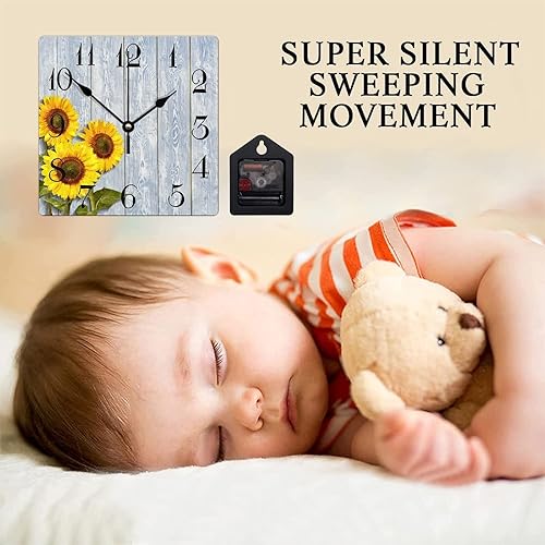 Miniatura 3 de Reloj de pared de madera con diseño de girasoles con madera rústica vintage, reloj de pared cuadrado duradero, estilo rústico clásico, reloj de