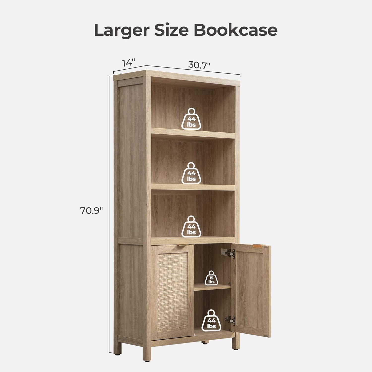 SICOTAS Bookcase 71" Tall Bookshelf 5 Tier Rattan Boho Bookcase with Doors Storage Large Book Case Shelf Farmhouse Bookshelves Library Book Shelves for Living Room Bedroom Home Office Kitchen