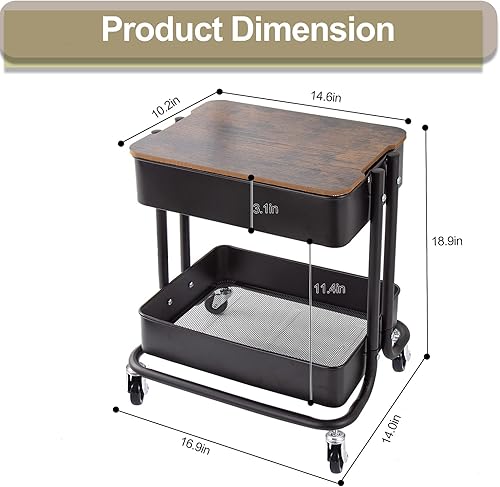 Miniatura 6 de Melody House Organizador de almacenamiento de metal de 2 niveles con tablero de cubierta, mesa auxiliar móvil para sofá con ruedas para oficina,