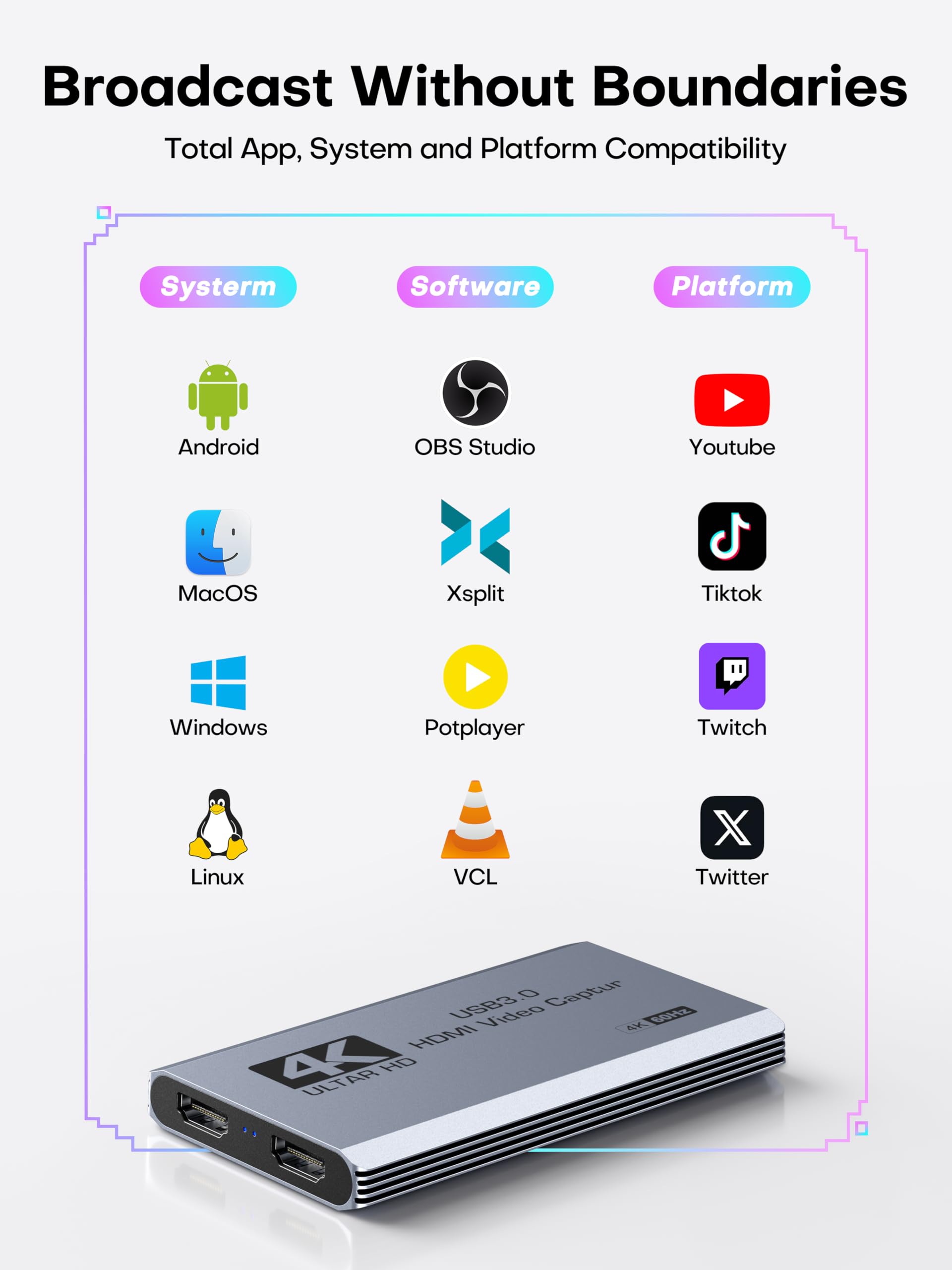 XIIXMASK Tarjeta de captura de video, tarjeta de captura USB 3.0 4K HDMI Loop-Out, 4K 60FPS/1080P 240FPS captura de videojuegos para PS5/cámara/PC/transmisión