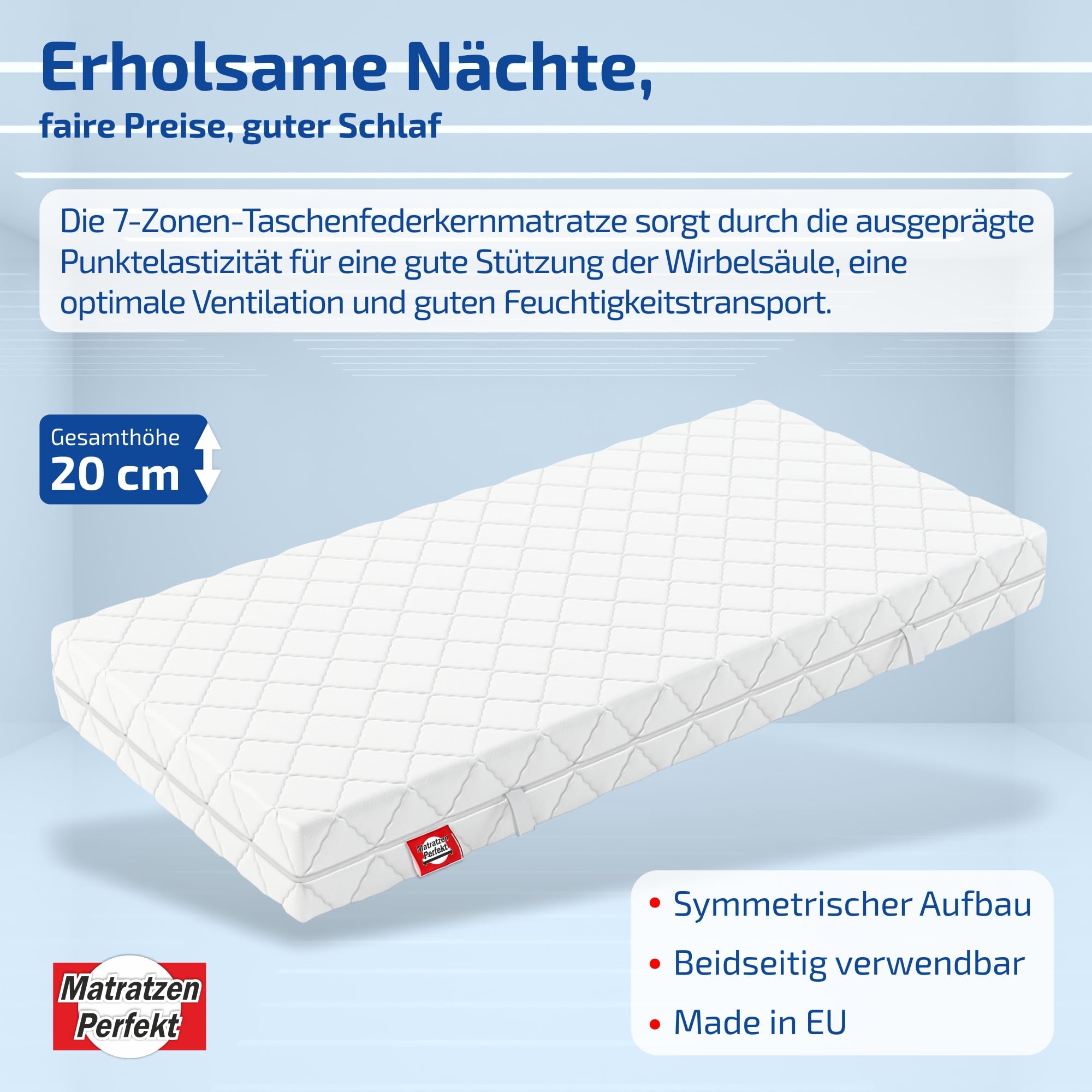 Matratzen Perfekt Nucleo a molle insacchettate a 7 zone, Colonia, 200 x 200 cm, altezza 20 cm, durezza H2, ortopedico, con eccellente elasticità puntiforme, rivestimento lavabile (fino a 60 °C