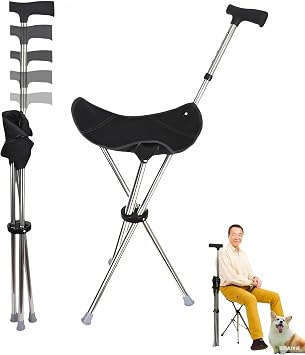 Lightweight Folding Walking Stick Chair with Seat, Aluminum, Height Adjustable, Load Capacity 150kg, Multi-functional, Fall Prevention, Compact, Portable, for Hiking, Walking, Sports Viewing