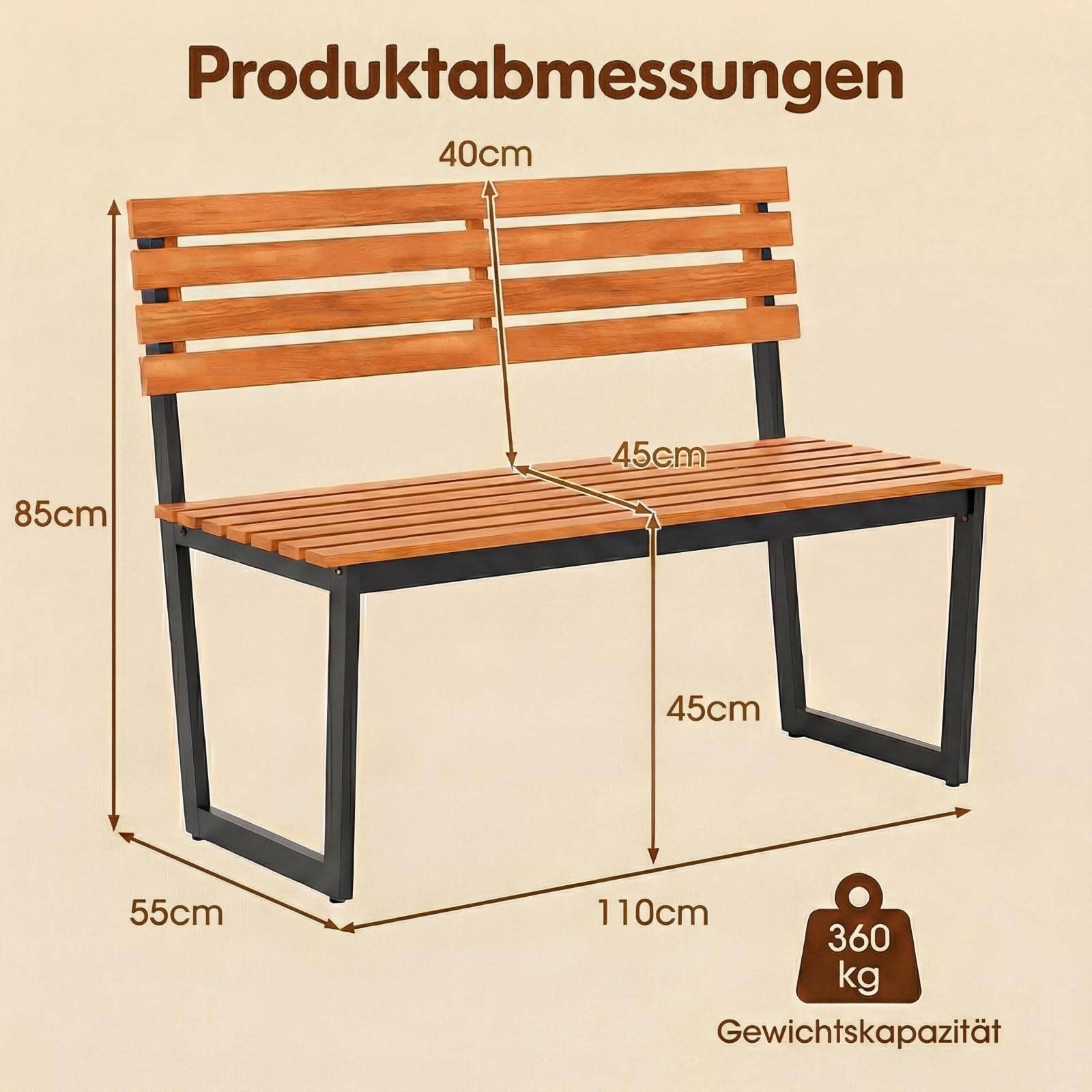 DREAMADE Gartenbank Holz, 2-Sitzer Holzbank wetterfest, Sitzbank Outdoor aus Akazienholz mit Metallrahmen, Balkonbank bis 360 kg belastbar, Parkbank für Garten, Balkon, Terrasse (Ohne Lehne)