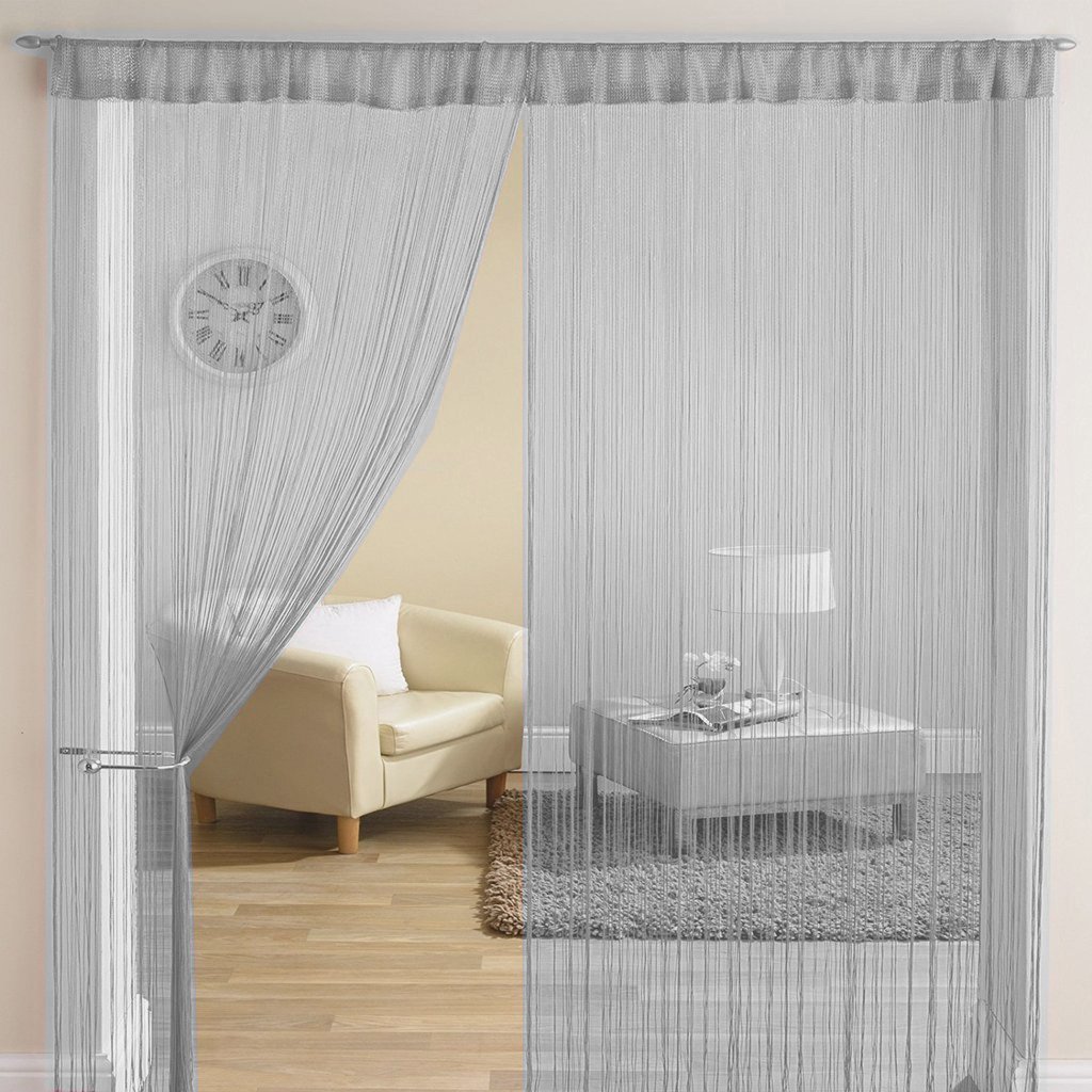 HFI 2 Piece Solid Tabtop Polyester Threads String Curtain - Door - 7 feet, Grey, Semi Transparent Curtain