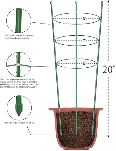 Miniatura 7 de Alliico Jaulas de soporte para plantas trepadoras, jaula de tomate con estacas de soporte y anillos de soporte estables, paquete de 3 con 12 clips