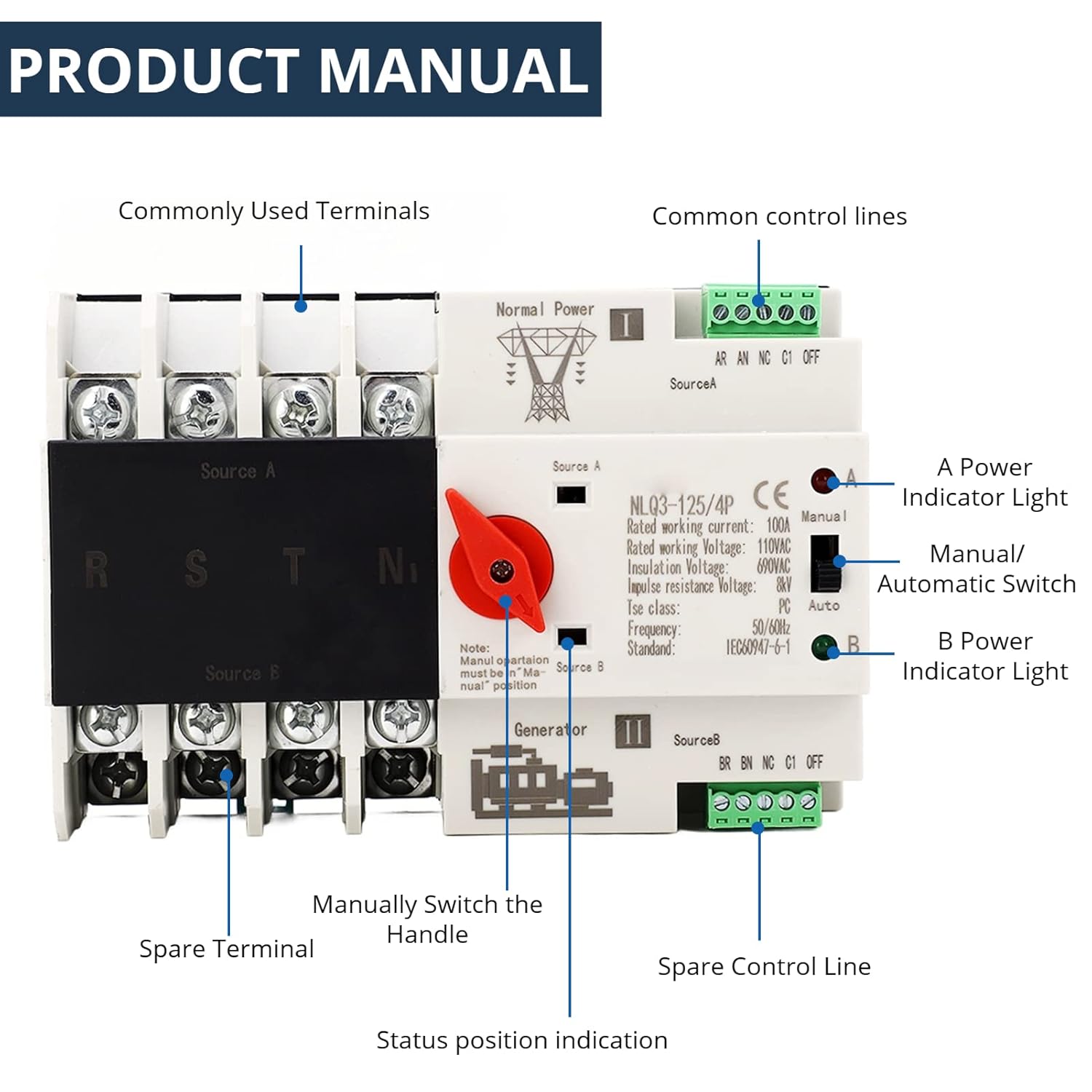 Power Automatic Transfer Switch, 4P 100A Generator Changeover Switch, AC110V Electronic Circuit Breaker, Rail Mounted Type, Millisecond Fast Switching Controller for PZ30