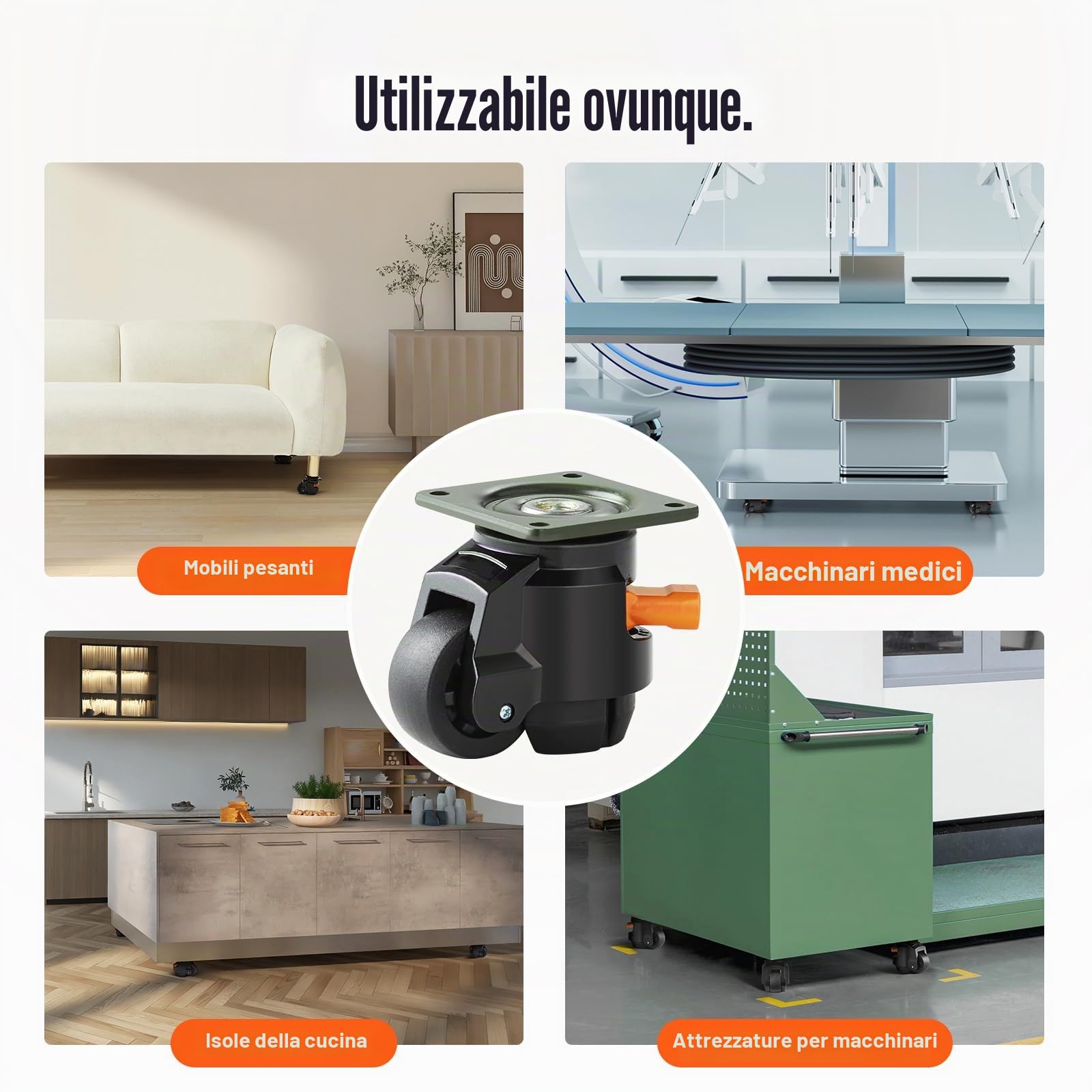 VEVOR Ruote Girevoli per Mobili Set di 4 Ruote Livellanti per Carichi Pesanti Capacità di Carico Max. 500 kg Diametro 50,8 mm, Ruote Girevoli Regolabili con Piedini per Mobili Banco di Lavoro 4 Pezzi