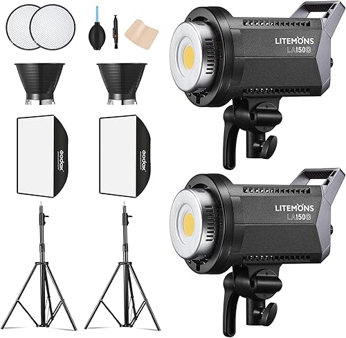 Godox Paquete de 2 luces de video continuas LA150D 380W 5600K, 190W CRI96+ TLCI97+ 66,