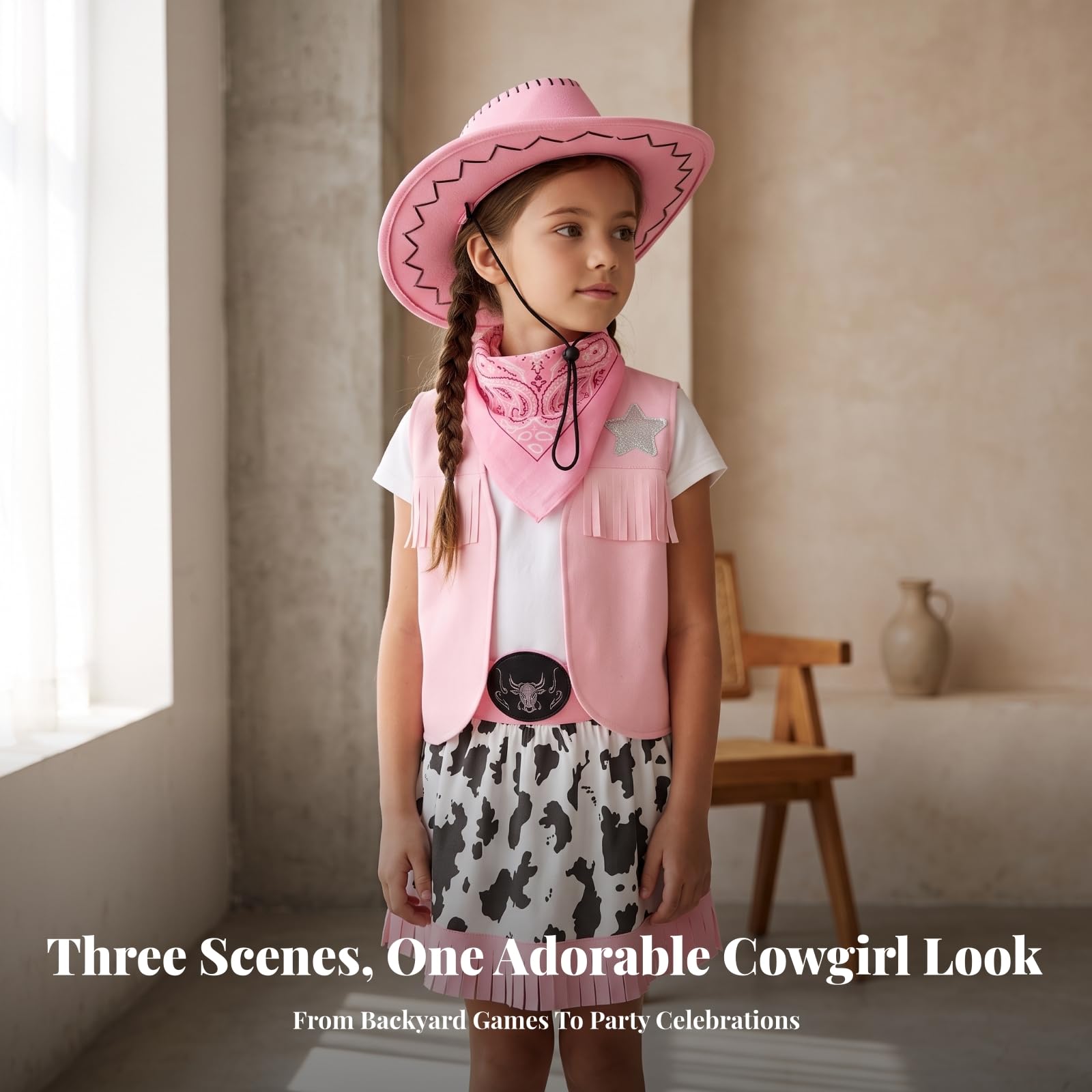 Costume da Cowboy con Cappello | Coordinato, Vestito da Cowgirl con Bandana, Realistico, Costume Cowgirl Bandana, per Halloween, Ragazze