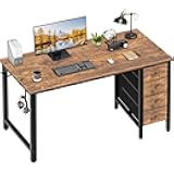 Lufeiya Computer Desk with Drawers - 55 Inch Long Study Work Writing Desk for Home Office Bedroom, Reversible Simple Modern Cute PC Desks with Fabric Drawer, Rustic Brown