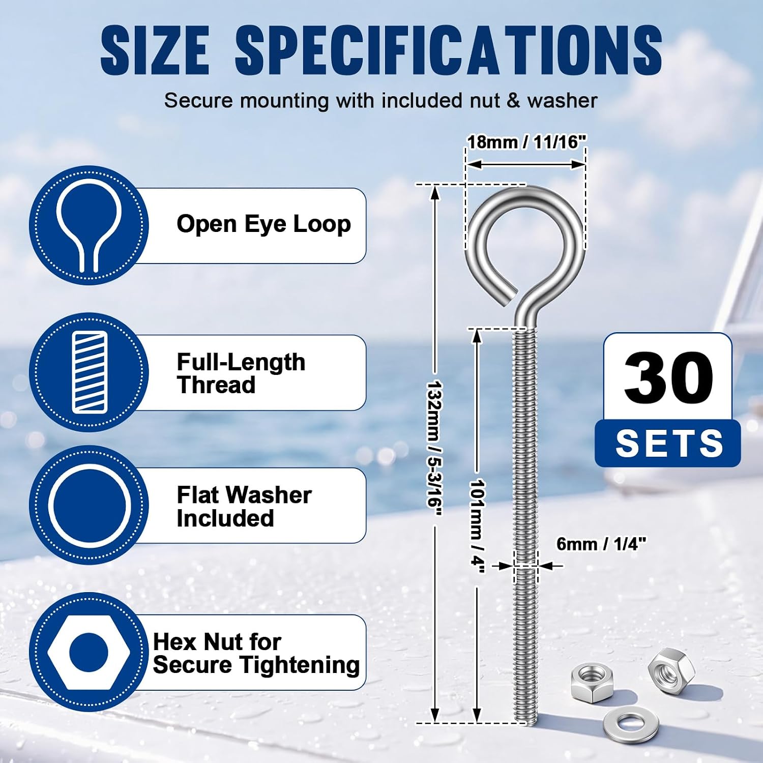 30 Set 1/4" x 4" Stainless Steel Long Threaded Eyebolts with Nuts and Washers Lifting Ring Bolts for Hanging or Securing Cables, Suspending Wood, Metal and Light Items (316 Stainless Steel)