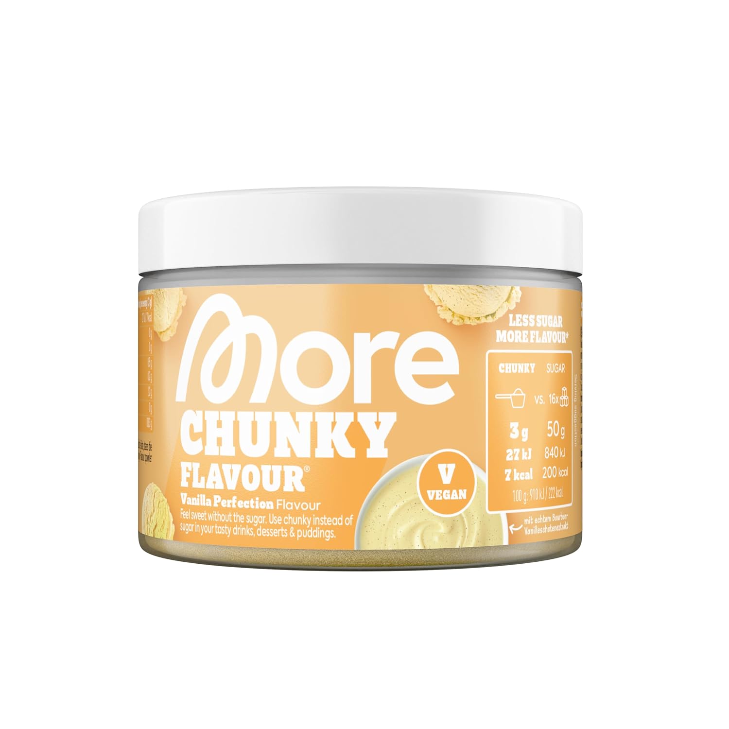 More Chunky Flavour, Vanilla Perfection, 150 g, Vegan, Flavour Powder for Sweetening, Low in Sugar and Calories, with Inulin and Lactase, Made in Germany | Geschmackspulver zum Süßen, ohne viel Zucker und Kalorien, mit Inulin und Laktase