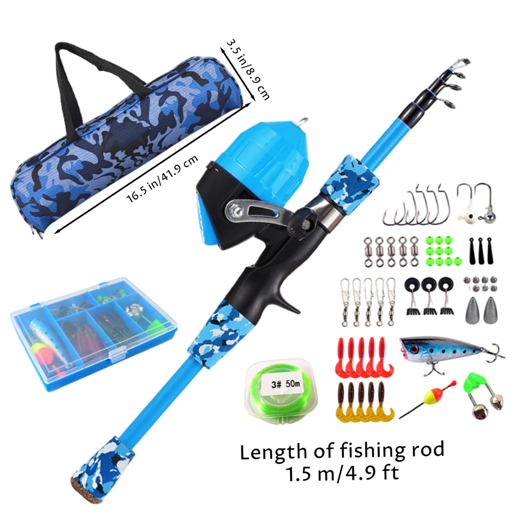 Equipo de pesca para niños Caña de pescar infantil Kit completo de iniciación con caña telescópica caja de aparejos carretes y bolsa para jóvenes pescadores 1, 5 m Equipo de pesca para niños azul