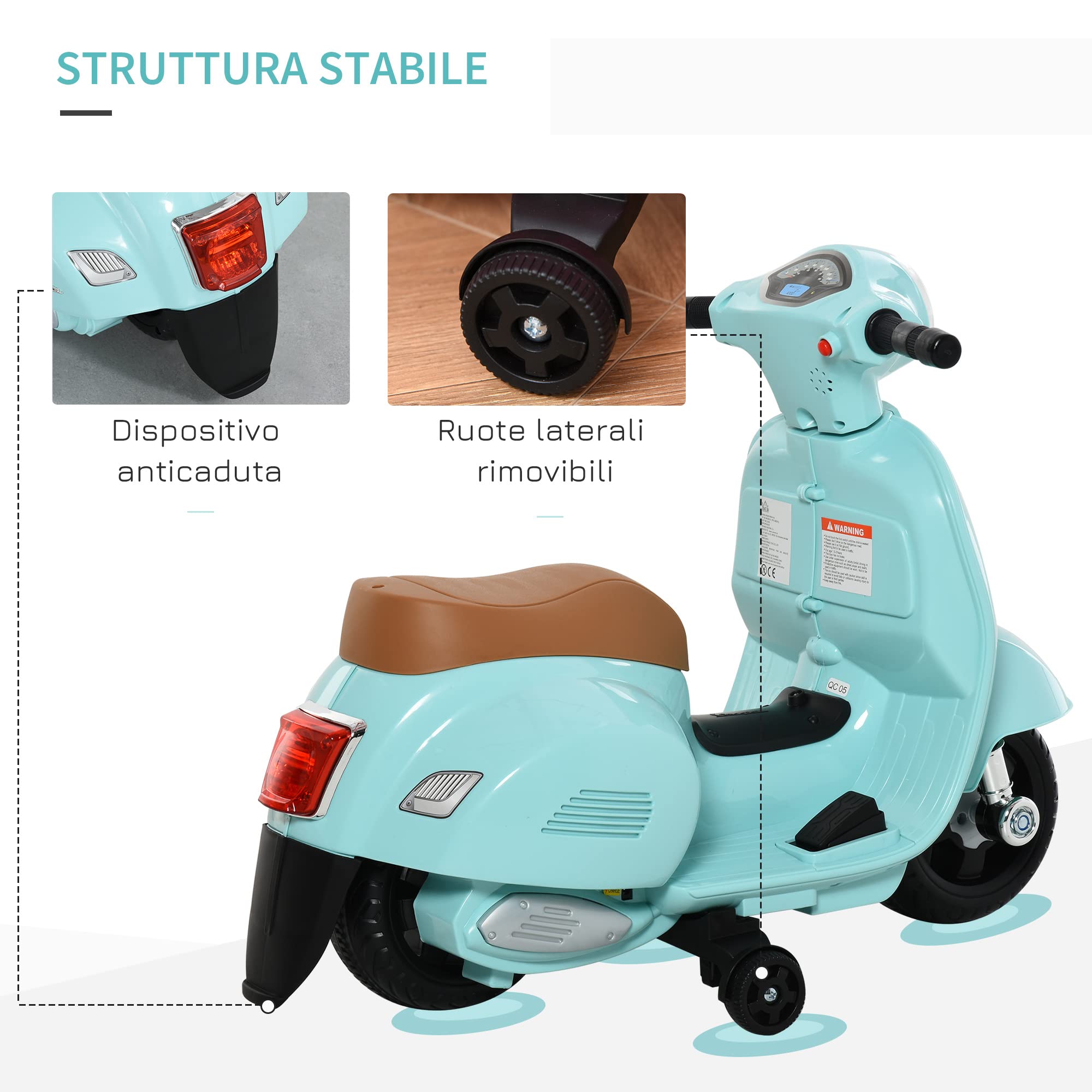 HOMCOM Moto Elettrica per Bambini 6V con Licenza Ufficiale Vespa Batteria, Motorino Elettrico per Bambini da 18-36 Mesi con Fari e Clacson, 66.5x38x52cm, Verde