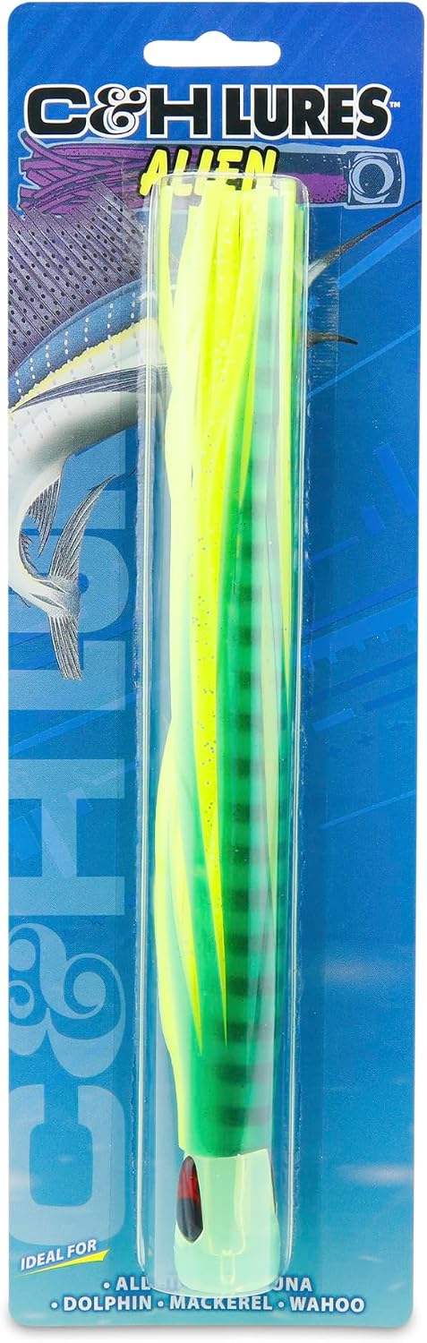 C&H Lures Alien Fishing Lures - 7.5 Inch & XL 10.5 inch High Speed Trolling Lure with Concave Acrylic Head, Hologram Eye, Vibrant Colors - Saltwater Fishing Lures in Vinyl, Mylar & Nylon Hair Skirt