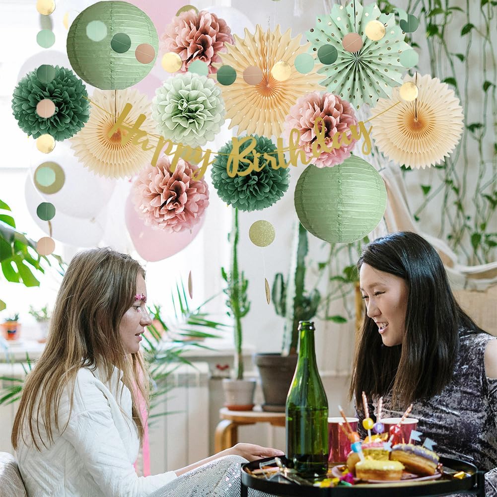 Olive Sage Green and Dusty Pink Birthday Decorations Girl Sage Green and Dusty Rose Birthday Decorations Women Beige Paper Fans Blush Pink Pom Poms Lanterns Party Decor Kit with Banner Gold - Image 2