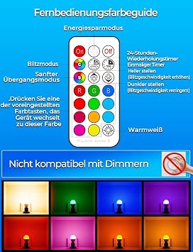 iLC E27 Light Bulb with Remote Control 5 W Colour Changing Coloured Light Bulbs LED Lamp Edison Dimmable Coloured Light Centre 2700 K Warm White Lamps RGB LED Bulbs 12 Colours Pack of 4