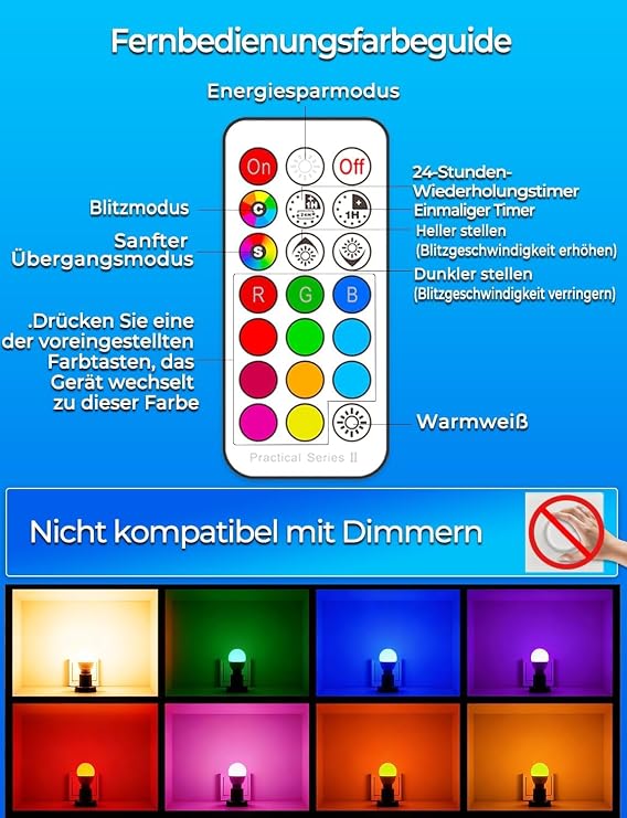 iLC E27 Light Bulb with Remote Control 5 W Colour Changing Coloured Light Bulbs LED Lamp Edison Dimmable Coloured Light Centre 2700 K Warm White Lamps RGB LED Bulbs 12 Colours Pack of 4