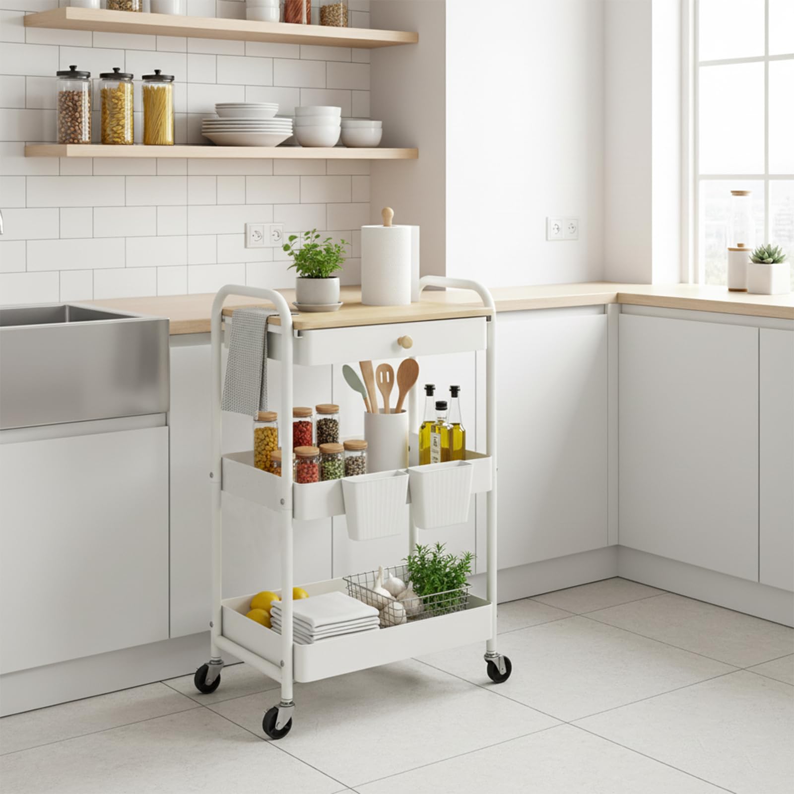 danpinera Carro con ruedas de 3 niveles de metal con cajones y tablero de madera, carrito de servir, carrito de manualidades, carrito de cocina con ruedas para cocina, salón, baño, ganchos y tazas