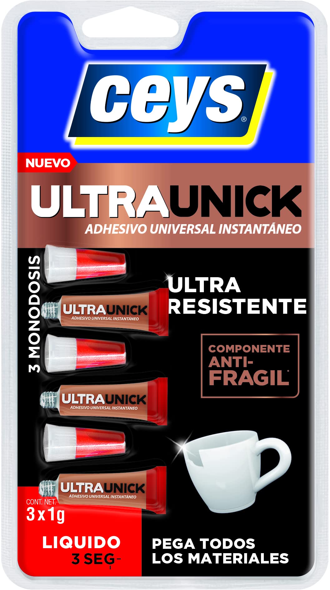 Ceys - Ultraunick poder inmediato monodosis - Adhesivo universal instantáneo y transparente - 3x1G