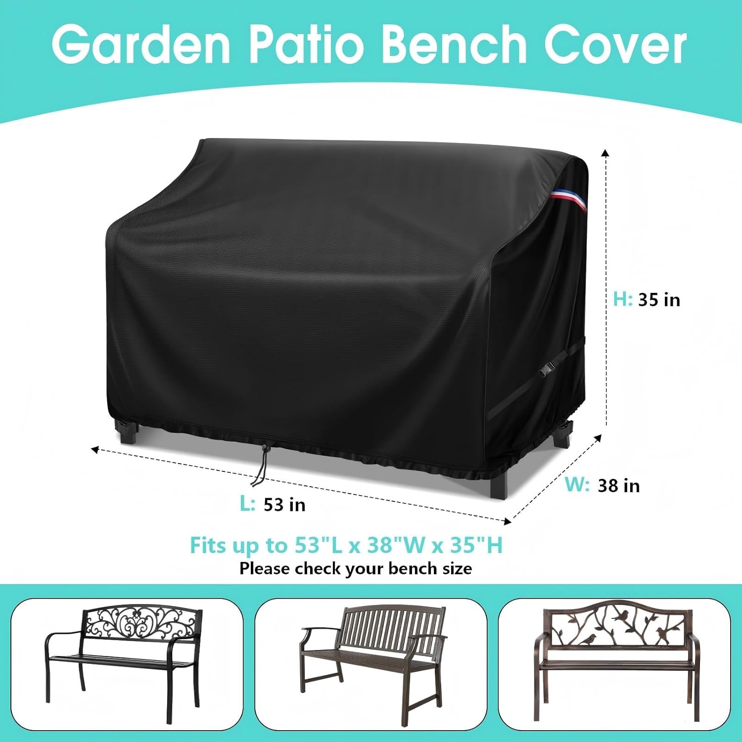 53" Outdoor Garden Bench Cover, 500D Waterproof 2- Seater Patio Loveseat Cover, Outdoor UV Protection Furniture Covers for Park Glider Benches/Rattan Sofas - 53" L x 38" W x 35" H