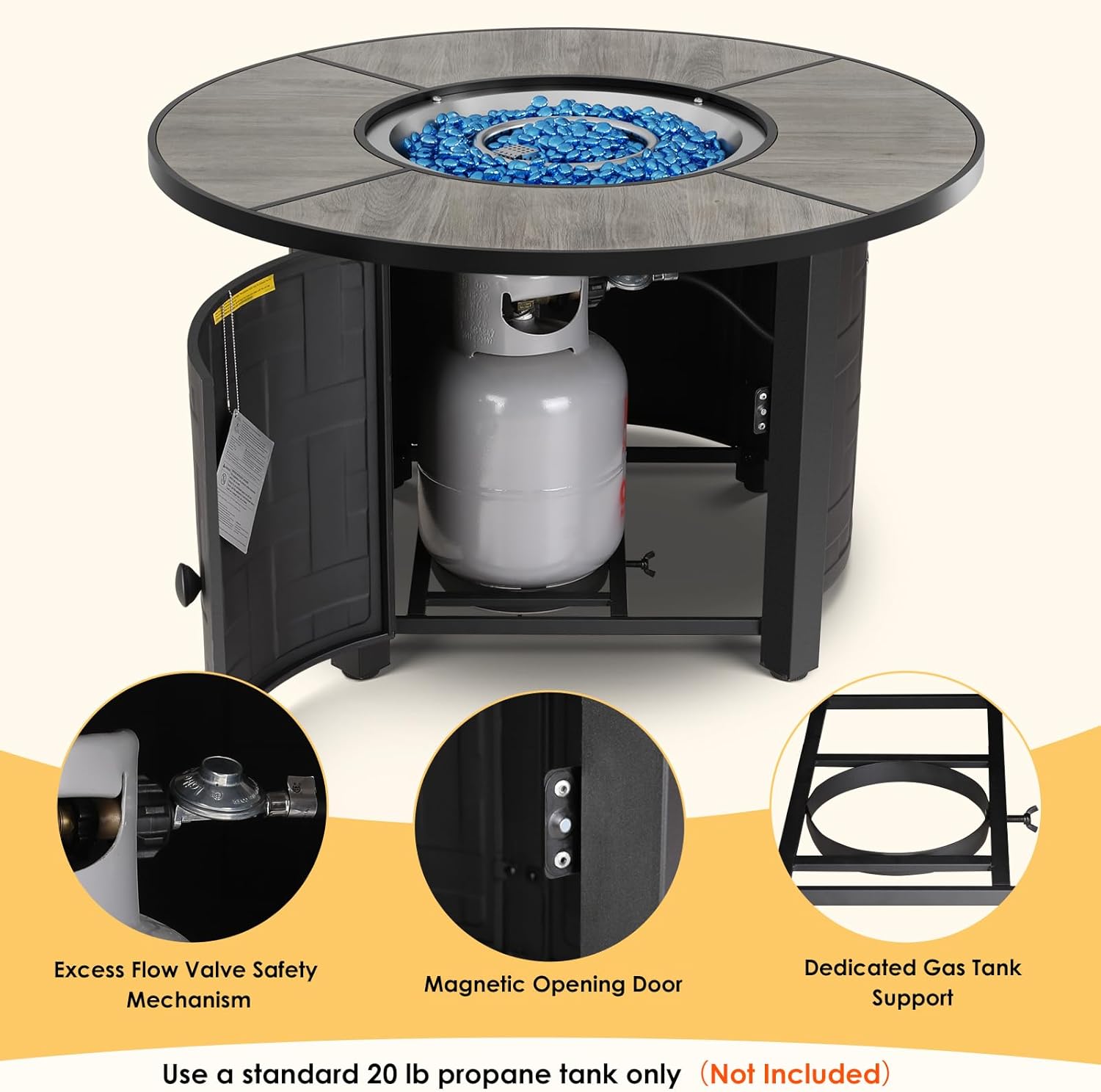 TLSUNNY 42in Propane Fire Pit Table, 50,000 BTU Auto-Ignition Outdoor Patio Fire Pit with Waterproof Cover, Blue Fire Glass & Convertible Lid – CSA Certified,for Patio, Balcony,Garden, Grey