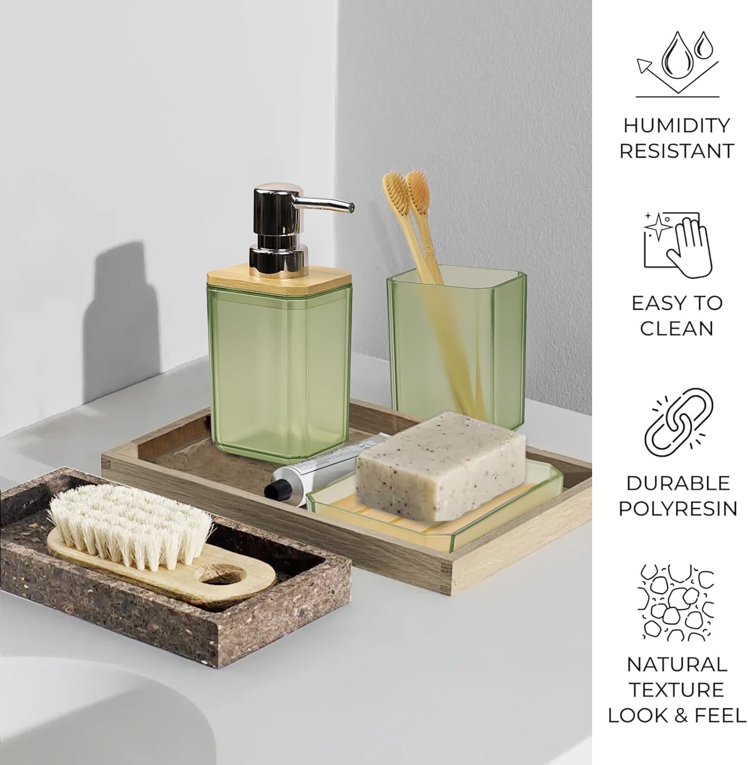 CERBIOR Bathroom Accessories Set 7 Piece Bath Ensemble Includes Soap Dispenser, Toothbrush Holder, Toothbrush Cup, Soap Dish for Decorative Countertop and Housewarming Gift (Green)
