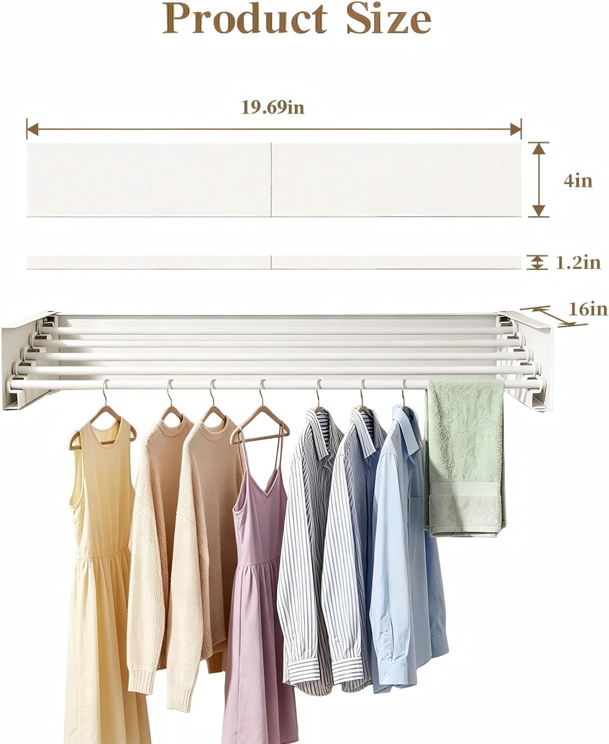 Wall Mounted Foldable Clothes Drying Rack Carbon Steel 5 Rods, Space-Saving Laundry Drying Rack with Wall Template (1, White, 19.69")