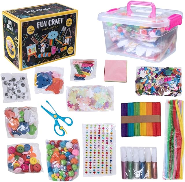 HTI Fun Craft Arts and Crafts Supplies Kit with Storage Box | 400+ Pcs Arts and Crafts for Toddlers Kids Scissors Lolly Sticks Pipe Cleaners Foam Letters Flowers Craft Kits for Kids, Ages 3+