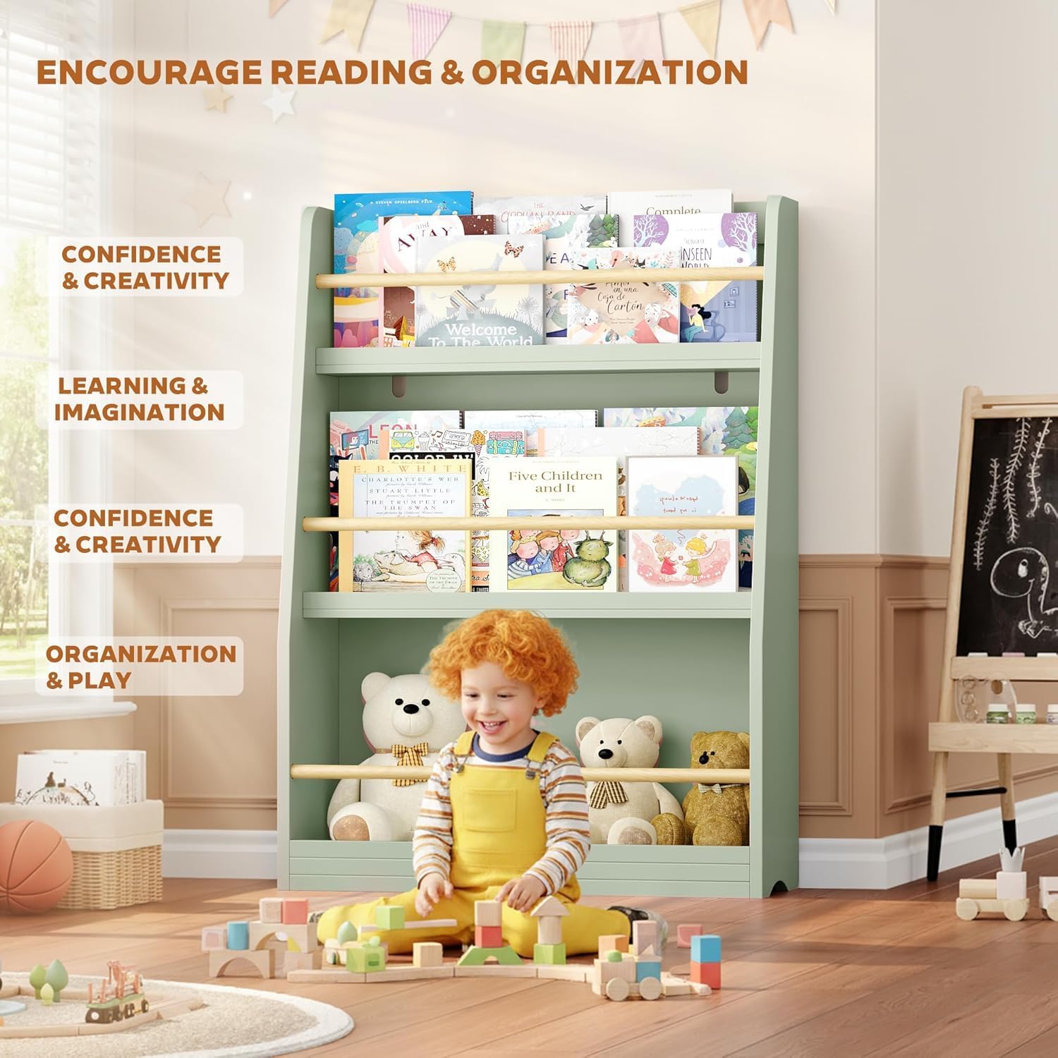 Kids Bookshelf, 3-Tier Montessori Book Shelf Organizer for Books and Toys, Toddler Bookshelf for Bedroom, Living Room, Playroom, Classroom, Nursery, School - Green