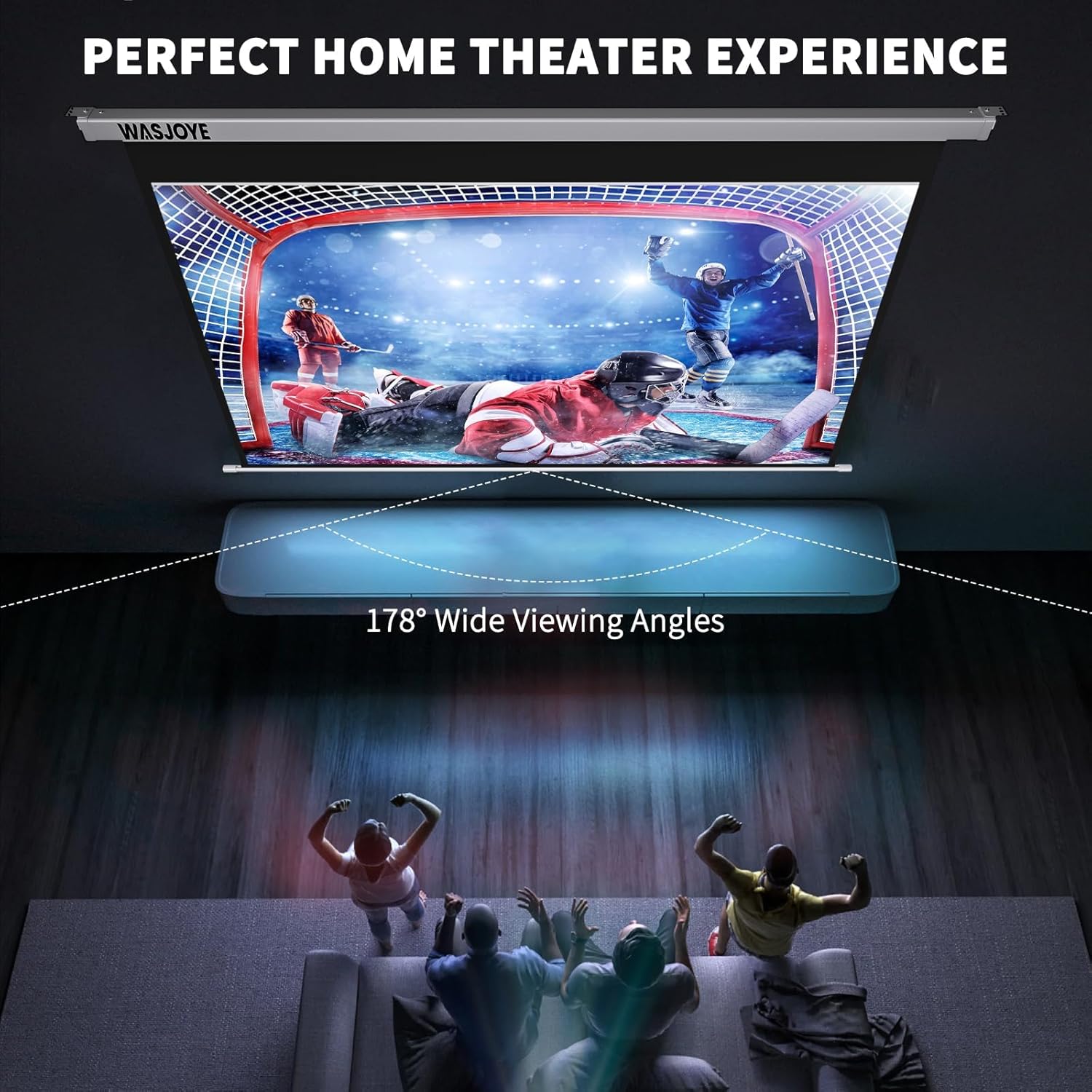 WASJOYE Motorised Projector Screen 100" - 16:9 Electric Projector Screen Wall/Ceiling Mount with Remote Control - 8K HD Projection Screen Dual Side Power Supply for Home Theater Office TV Game