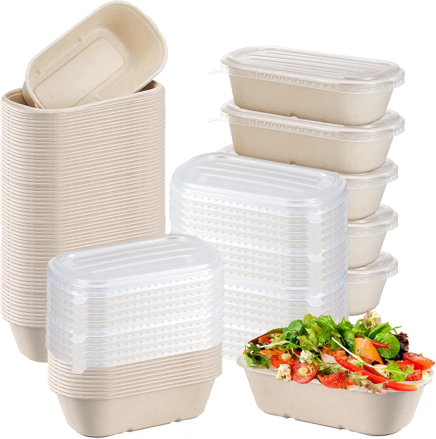 80 Pack Compostable Paper Bowls with Lids, 23 Oz Disposable Take Out Food Containers Biodegradable Take Out Salad Bowls for Kitchen Restaurant Party Food Supplies Meal Prep