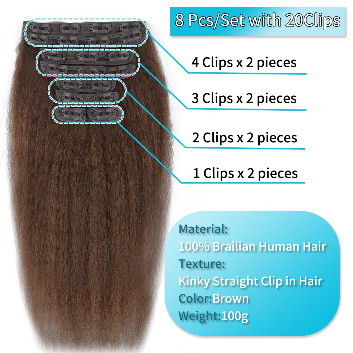 Kinky Straight Clip in Hair Extensions Seamless Clip ins Hair Extensions Real Human Hair Yaki Straight Real Human Hair Clip in Extensions for Black Women Natural Black 8Pcs 100g 20 Clips