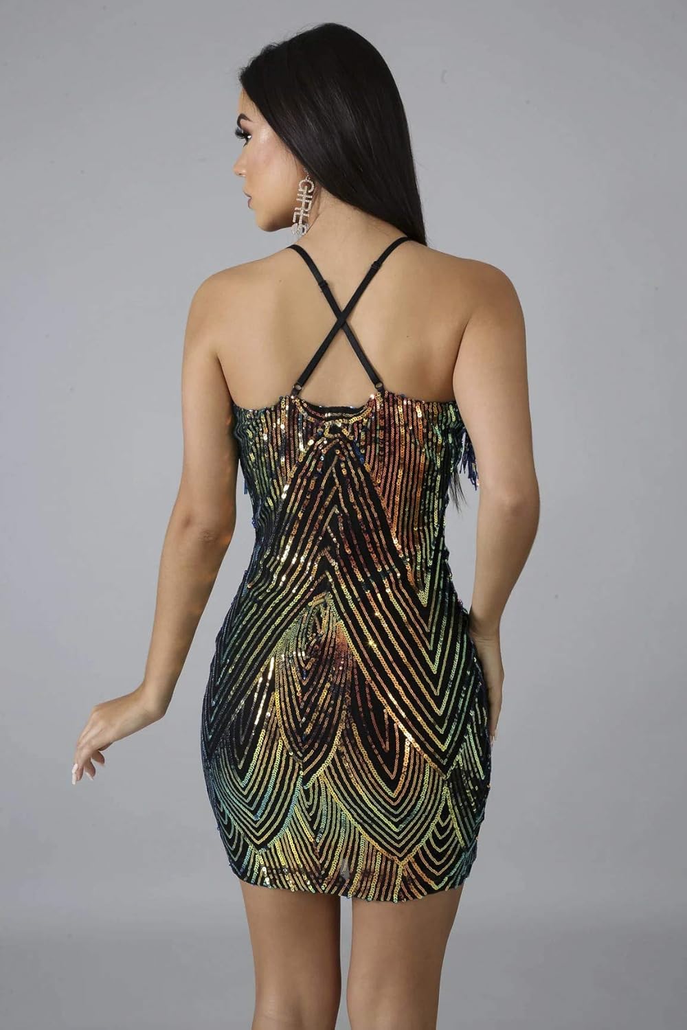 Women's Sexy Bodycon Party Mini Dress Deep V Neck Sequin Backless Spaghetti Straps Clubwear - Image 7