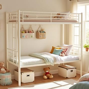 Twin Over Twin Bunk Bed, Industrial Metal Bunkbeds with Ladder -Length Guardrail, Noise Free, No Boxing Spring Needed