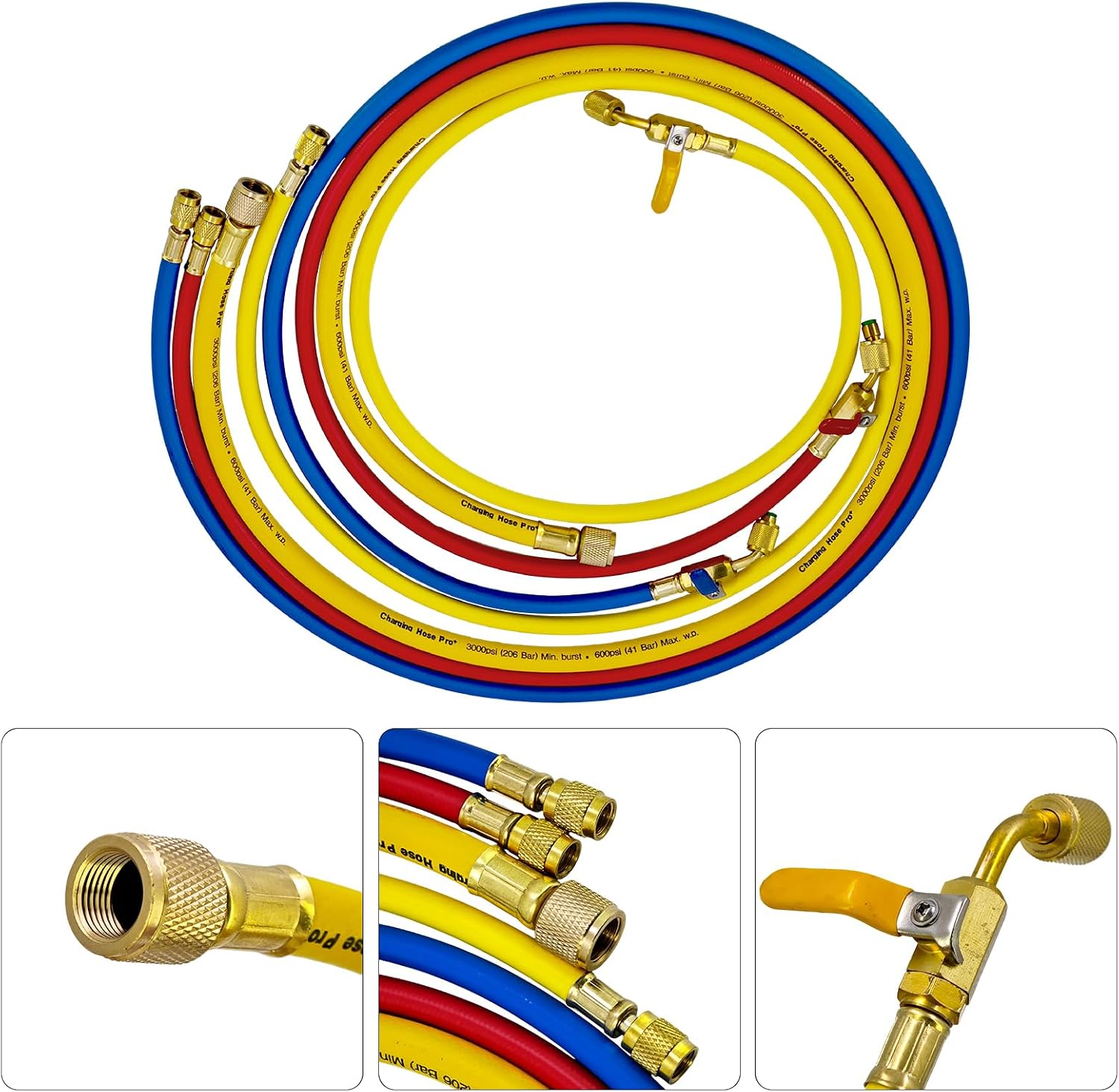 46013 4 Valve Charging Manifold Gauge with 60" Hoses for R404A/R410A/R22 | HVAC Manifold Gauge Set and 4-Valve Test with 3Pcs Hoses 1/4" Ball Valve Hose Set and 1 Pc 3/8" Vacuum Hose
