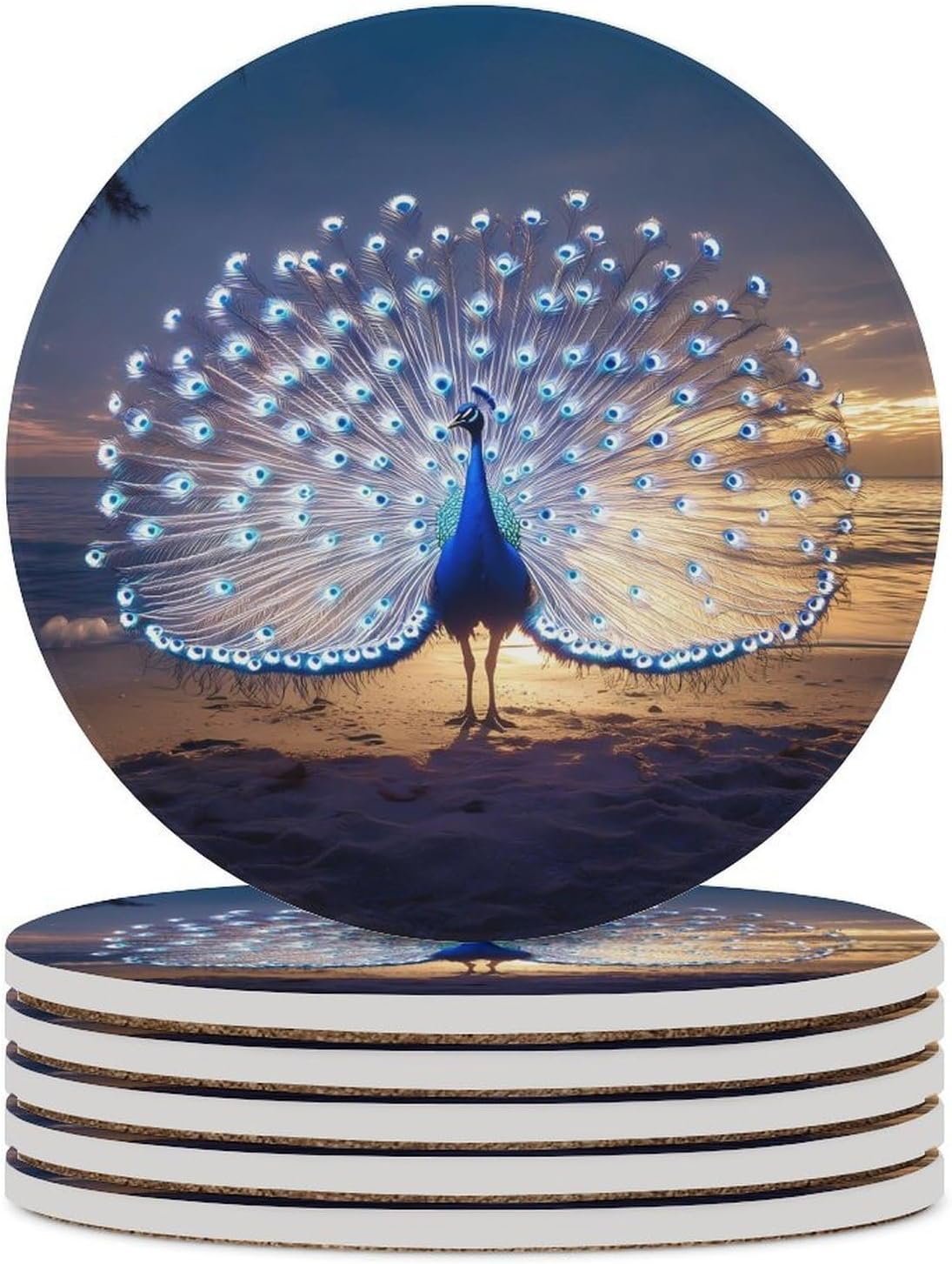 Peacock on Beach Round Ceramic Coasters Print Drinks Absorbent with Cork Base for Home Decor Gifts 4 Inch