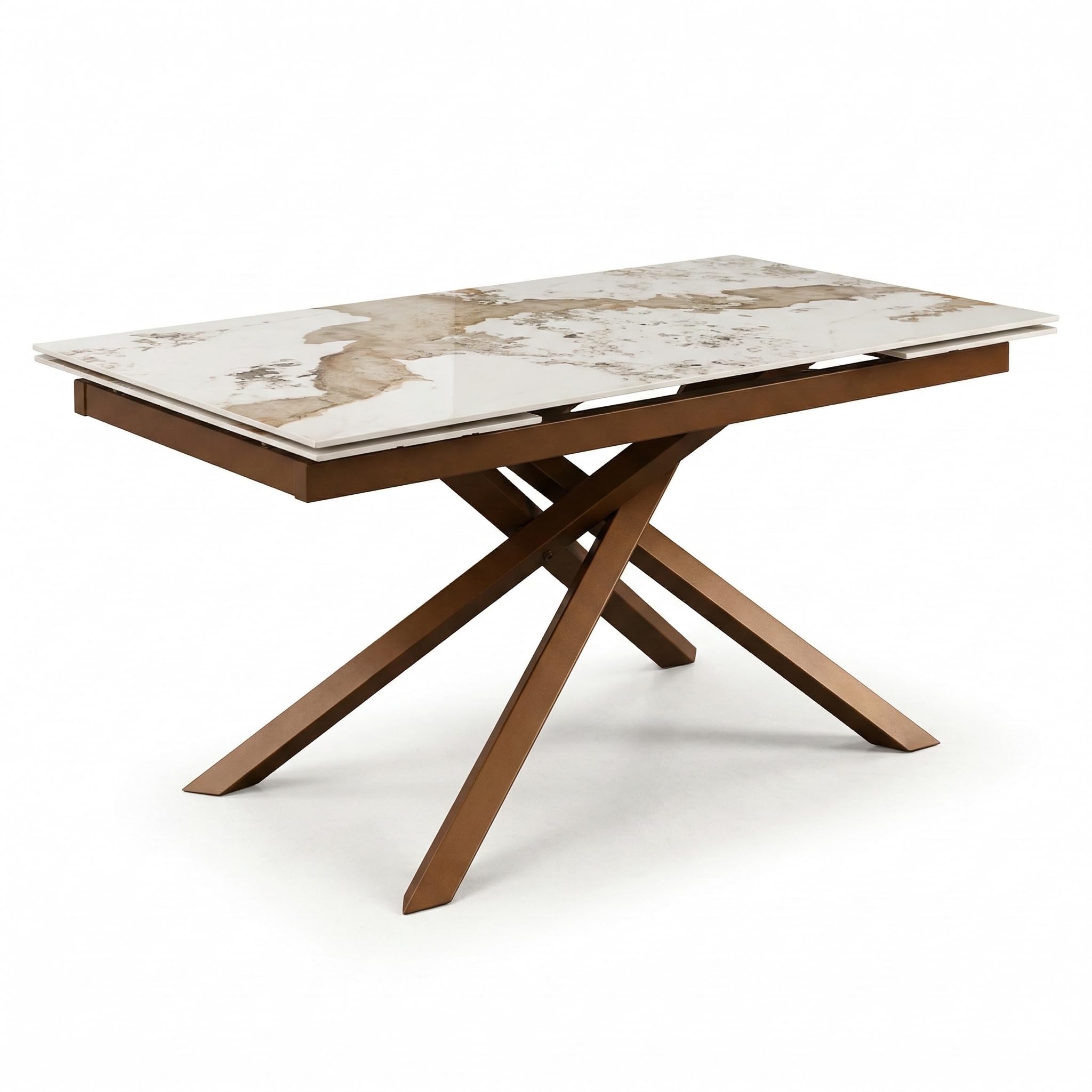 Cribel George Tavolo Allungabile Con Piano in Gres Porcellanato Effetto Marmo Kashmir Beige Lucido E Gambe Bronzo, Tavolo Da Pranzo Moderno 160-240x90x75 Cm