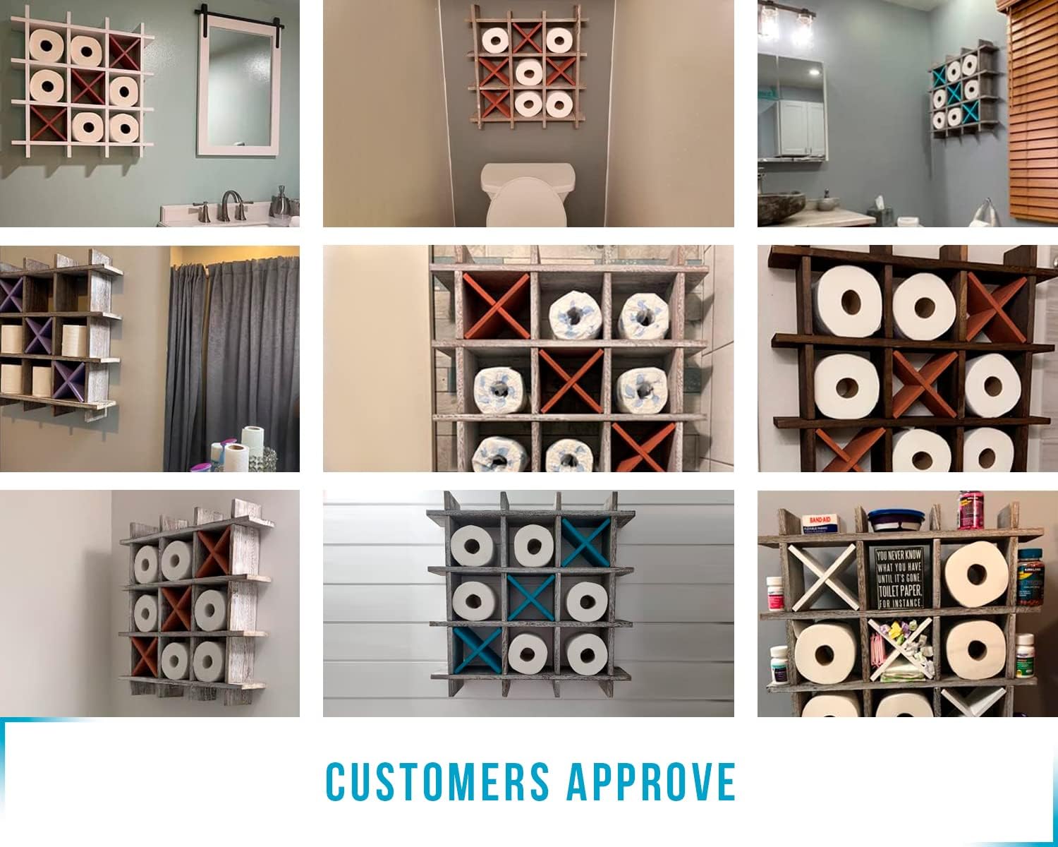 Rustic Tic-Tac-Toe Toilet Paper Holder for Bathroom – Rustic Storage Shelves for Toilet Tissue in Distressed White Color – Freestanding or Wall Mount Bath Shelves for Your Farmhouse Décor