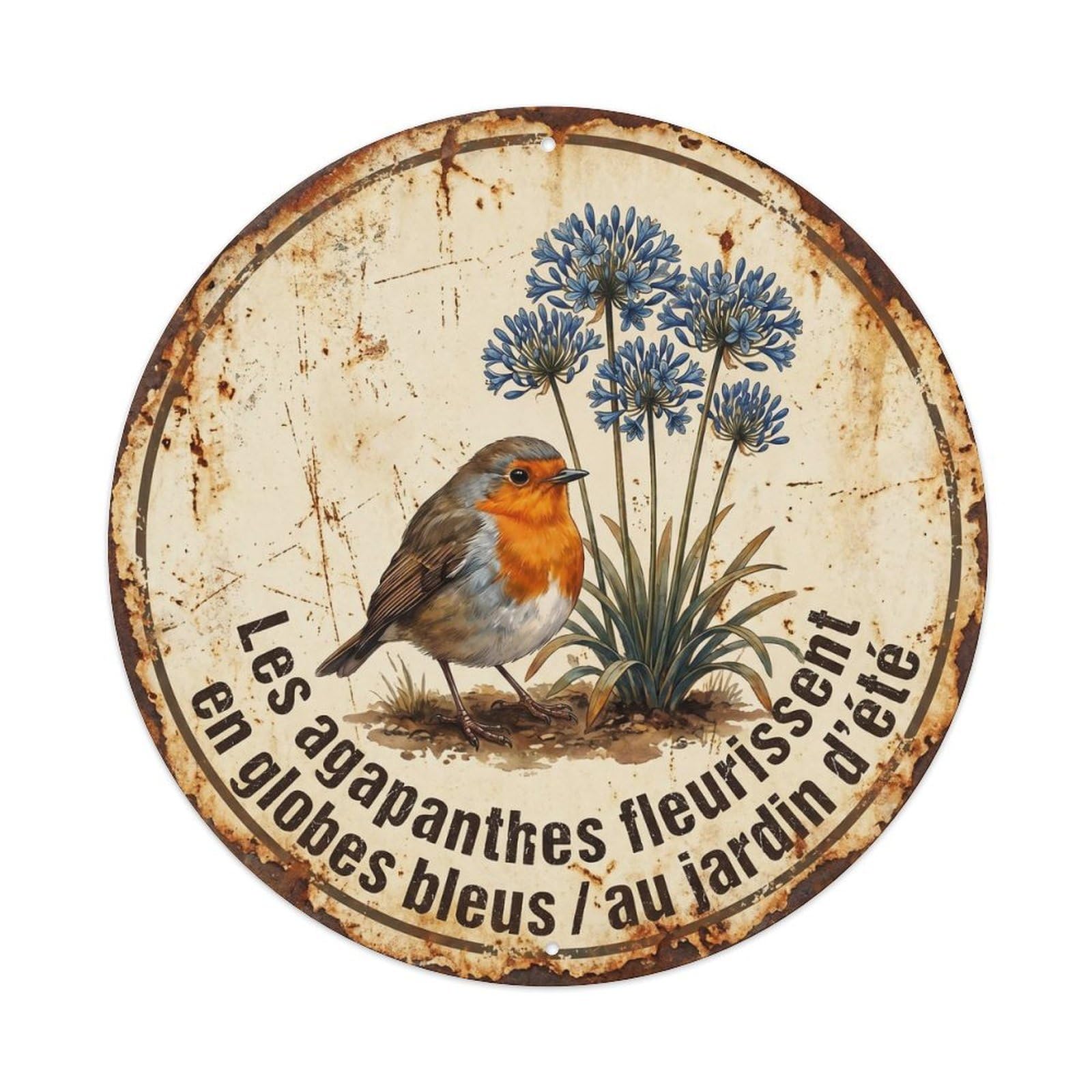 Robin Bird Garden Quote Agapanthus CircleMetal Tin Sign