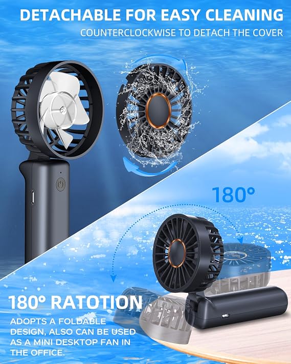 Portable Handheld Fan, Mini Desk Fan Foldable 1800mAh, 180° Ratotion, 3 Speeds, Ultra Quite, Up to 8H Long Use Time, Small Personal Cooling Fans Makeup Lash Fan for Women Girls, Dark Black