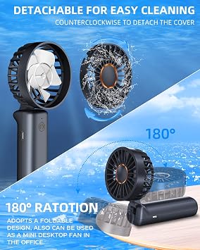 Portable Handheld Fan, Mini Desk Fan Foldable 1800mAh, 180° Ratotion, 3 Speeds, Ultra Quite, Up to 8H Long Use Time, Small Personal Cooling Fans Makeup Lash Fan for Women Girls, Dark Black