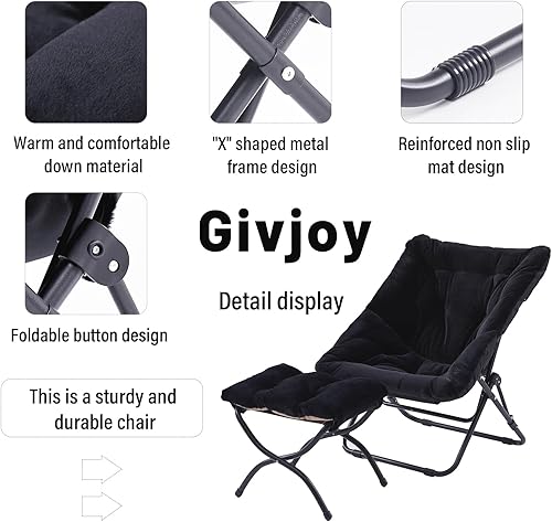 Miniatura 4 de Cómoda silla plegable con otomana, silla plegable de piel sintética de gran tamaño, silla suave y peluda con marco de metal, silla de luna para