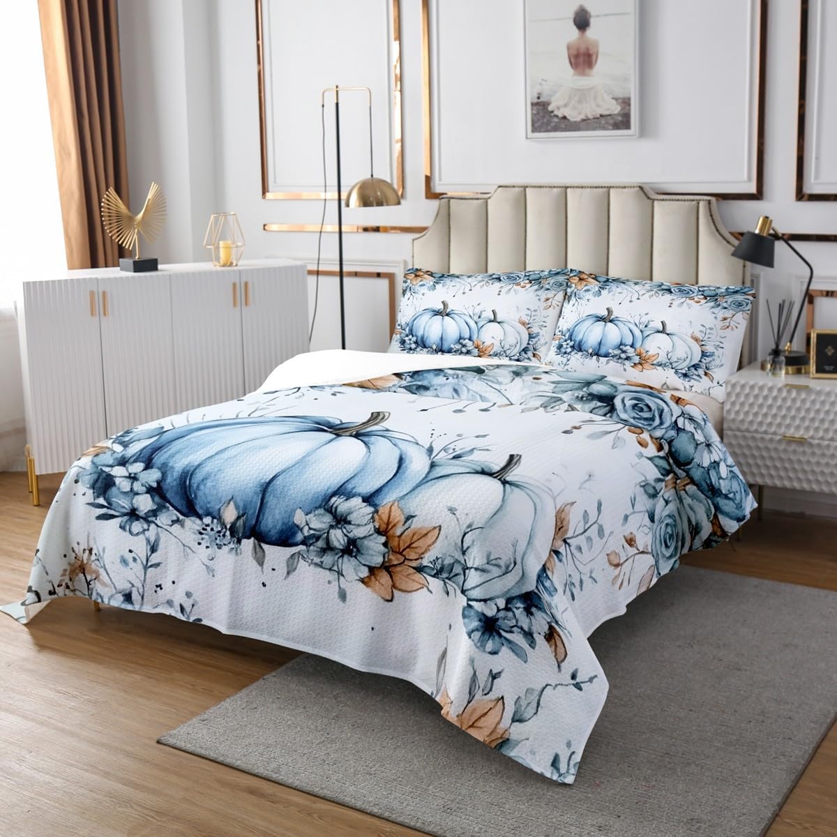 Erosebridal Fall Blue Pumpkin Quilt Set Twin Watercolor Maple Eucalyptus Leaves Coverlet Set Autumn Thanksgiving Bedspread Set for Kids Adults,Rustic Farmhouse Style Bedding Set Room Decor